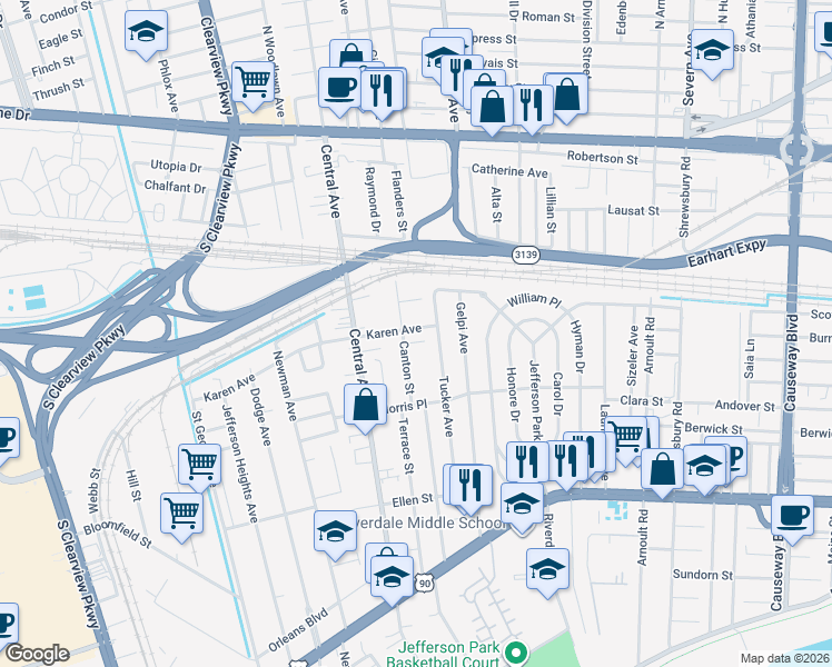 map of restaurants, bars, coffee shops, grocery stores, and more near 4210 Karen Avenue in Jefferson
