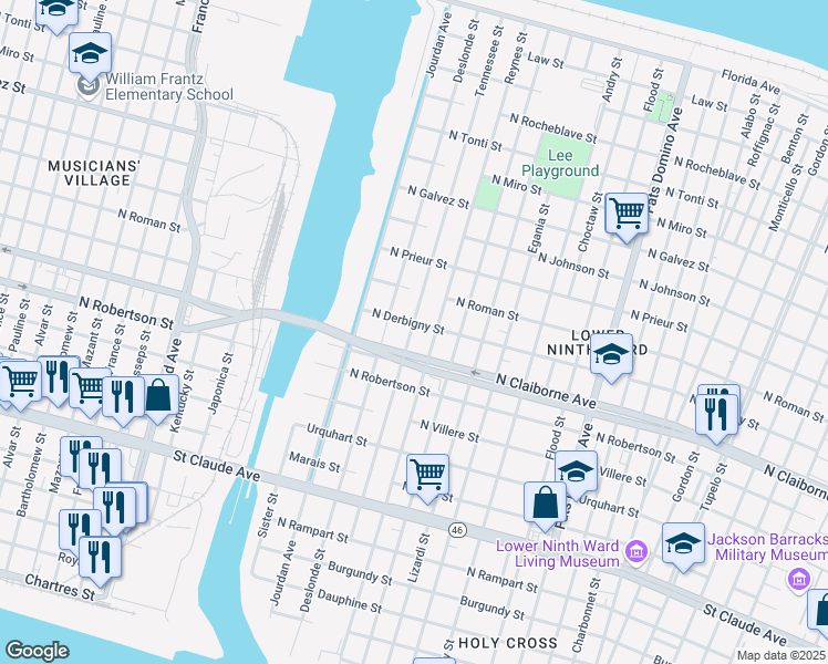 map of restaurants, bars, coffee shops, grocery stores, and more near 1637 Tennessee Street in New Orleans