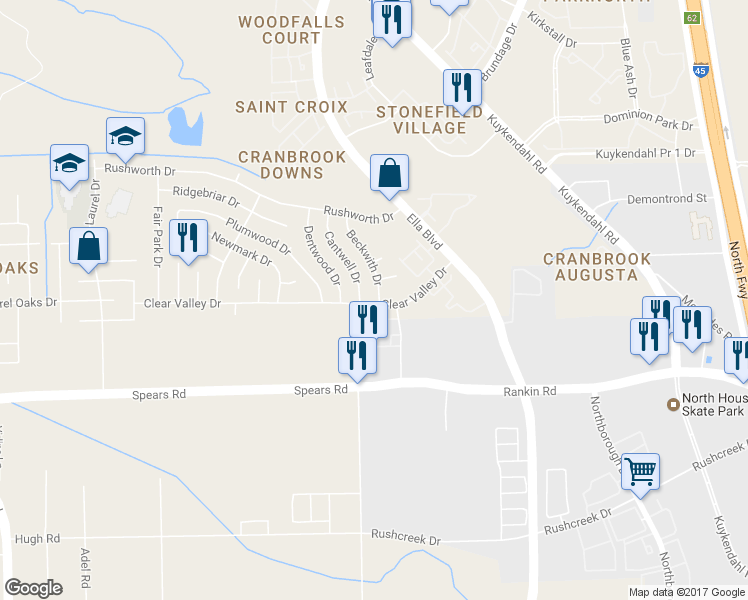map of restaurants, bars, coffee shops, grocery stores, and more near 13803 Beckwith Drive in Houston