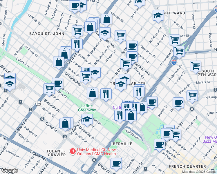 map of restaurants, bars, coffee shops, grocery stores, and more near in New Orleans