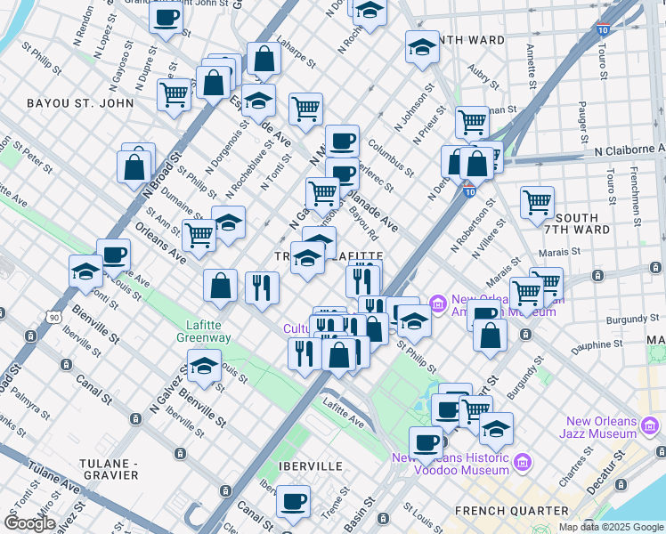 map of restaurants, bars, coffee shops, grocery stores, and more near 1924 Ursulines Avenue in New Orleans