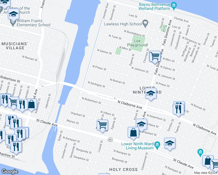 map of restaurants, bars, coffee shops, grocery stores, and more near 5035 North Derbigny Street in New Orleans