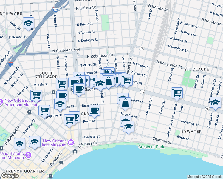 map of restaurants, bars, coffee shops, grocery stores, and more near 2372 Saint Claude Avenue in New Orleans