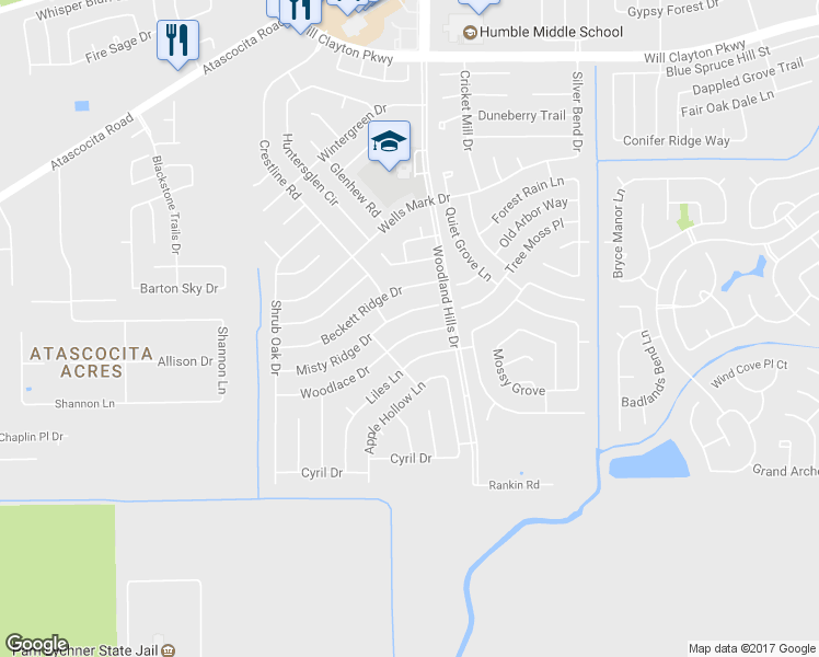 map of restaurants, bars, coffee shops, grocery stores, and more near 3815 Woodlace Drive in Humble