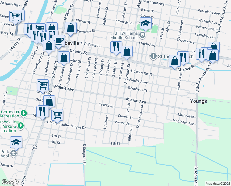 map of restaurants, bars, coffee shops, grocery stores, and more near 401-499 South Miles Street in Abbeville