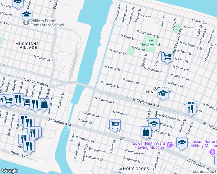 map of restaurants, bars, coffee shops, grocery stores, and more near 1632 Tennessee Street in New Orleans