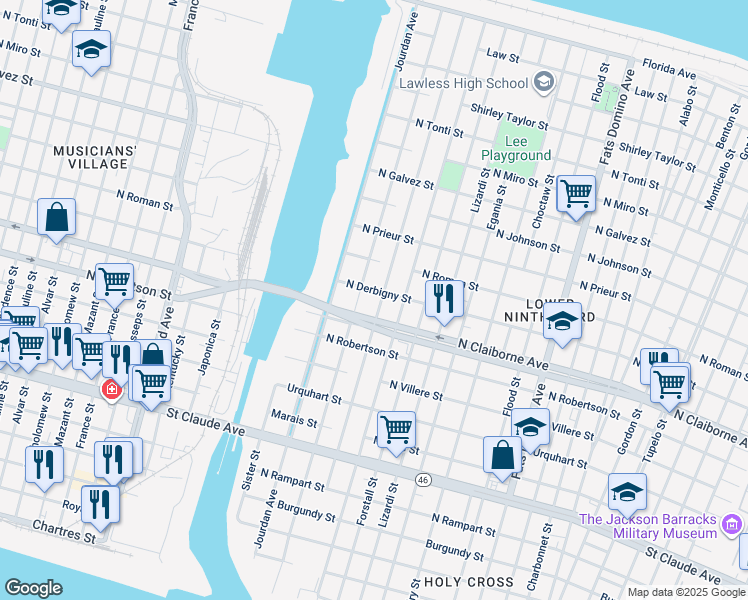 map of restaurants, bars, coffee shops, grocery stores, and more near 1632 Tennessee Street in New Orleans