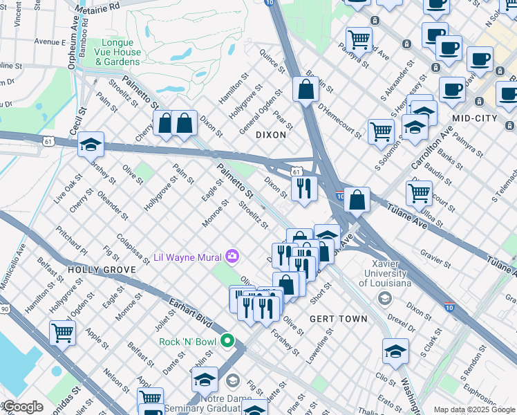 map of restaurants, bars, coffee shops, grocery stores, and more near 8516 Palmetto Street in New Orleans
