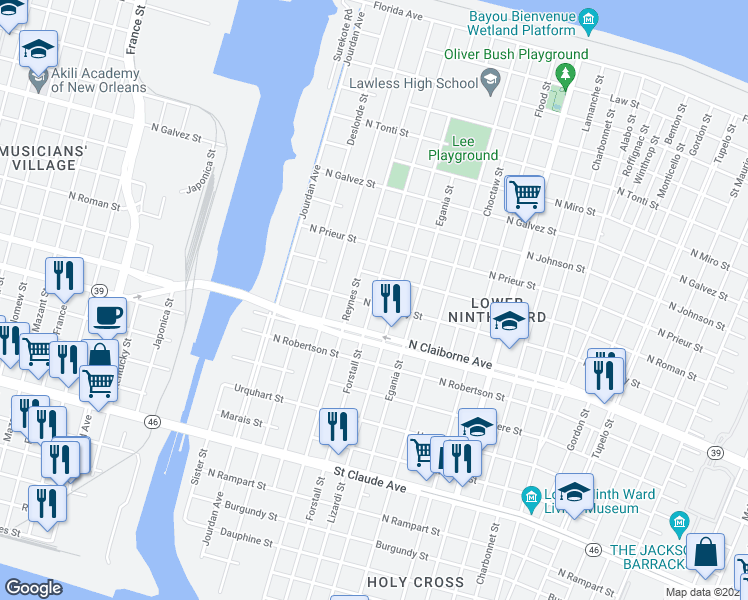 map of restaurants, bars, coffee shops, grocery stores, and more near 1703 Forstall Street in New Orleans
