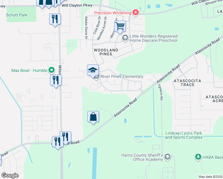 map of restaurants, bars, coffee shops, grocery stores, and more near 2503 Cold River Drive in Humble