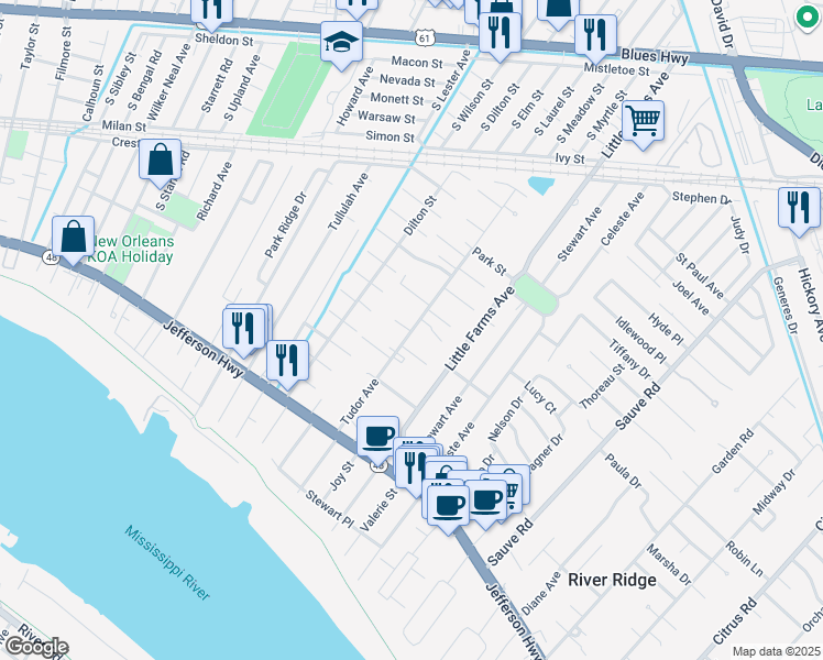 map of restaurants, bars, coffee shops, grocery stores, and more near 240 Tudor Avenue in River Ridge