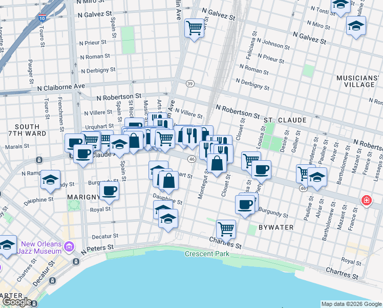 map of restaurants, bars, coffee shops, grocery stores, and more near 2812 Saint Claude Avenue in New Orleans