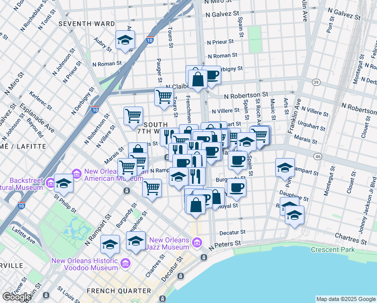 map of restaurants, bars, coffee shops, grocery stores, and more near 1114 Frenchmen Street in New Orleans
