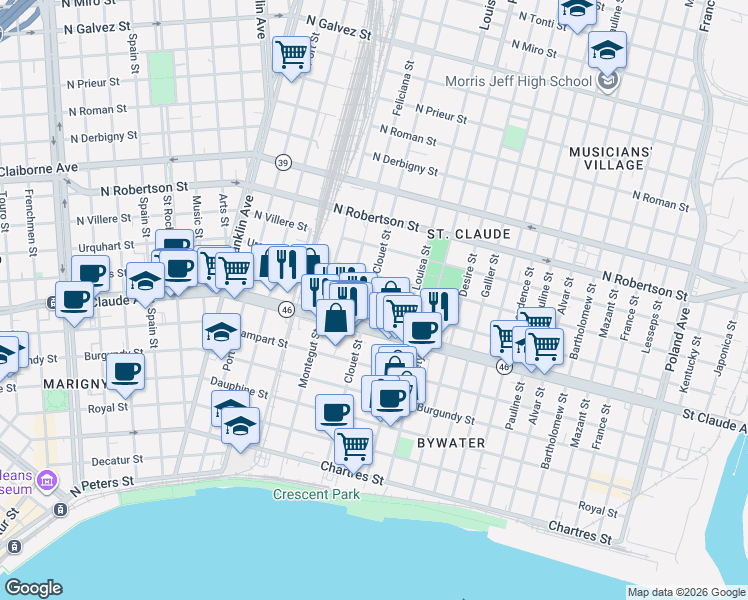 map of restaurants, bars, coffee shops, grocery stores, and more near 3113 Marais Street in New Orleans