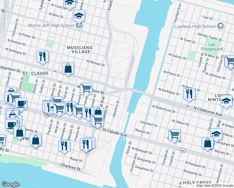 map of restaurants, bars, coffee shops, grocery stores, and more near 4525 North Robertson Street in New Orleans