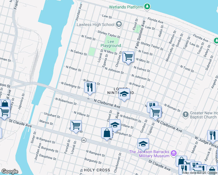 map of restaurants, bars, coffee shops, grocery stores, and more near 5446 North Roman Street in New Orleans