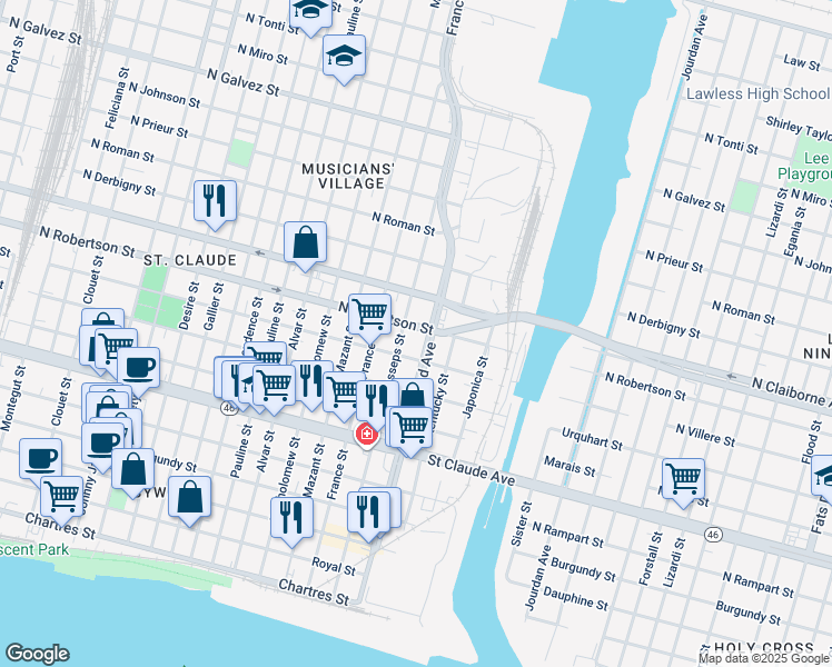 map of restaurants, bars, coffee shops, grocery stores, and more near 1416 Lesseps Street in New Orleans
