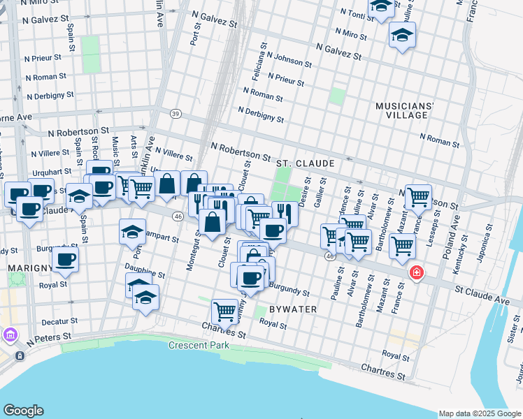map of restaurants, bars, coffee shops, grocery stores, and more near 1215 Louisa Street in New Orleans