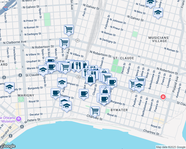map of restaurants, bars, coffee shops, grocery stores, and more near 3032 Marais Street in New Orleans