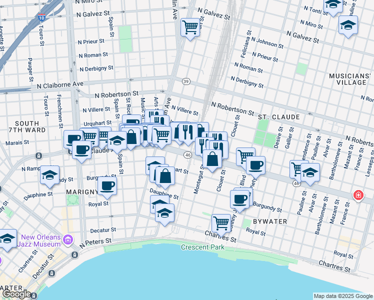 map of restaurants, bars, coffee shops, grocery stores, and more near in New Orleans