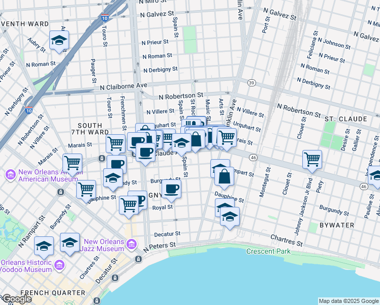map of restaurants, bars, coffee shops, grocery stores, and more near 2372 Saint Claude Avenue in New Orleans