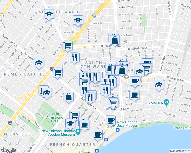 map of restaurants, bars, coffee shops, grocery stores, and more near 1803 Henriette Delille Street in New Orleans