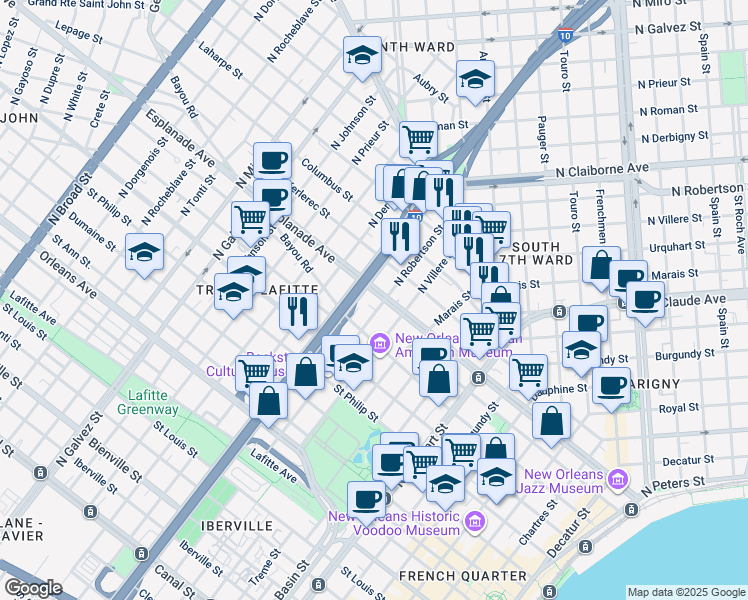 map of restaurants, bars, coffee shops, grocery stores, and more near 1422 Esplanade Avenue in New Orleans