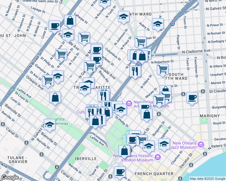 map of restaurants, bars, coffee shops, grocery stores, and more near 1723 Governor Nicholls Street in New Orleans
