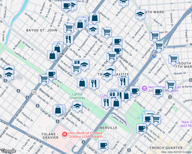 map of restaurants, bars, coffee shops, grocery stores, and more near in New Orleans