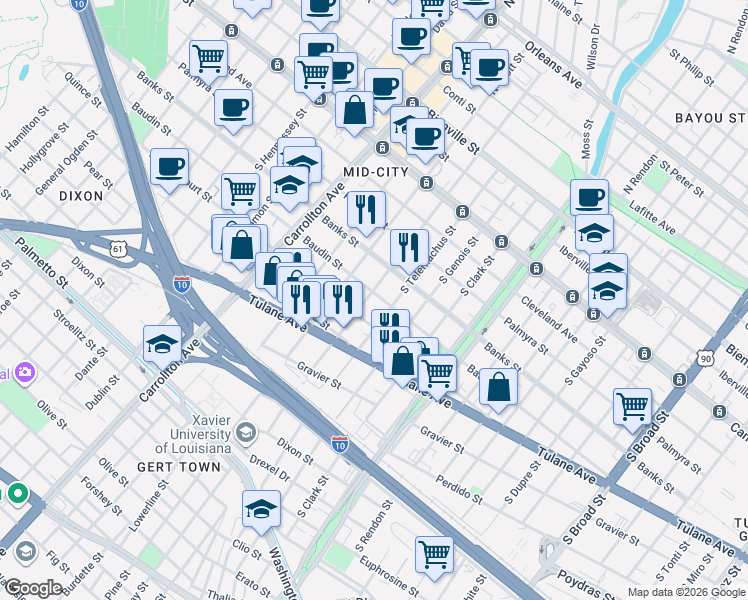 map of restaurants, bars, coffee shops, grocery stores, and more near 3720 Baudin Street in New Orleans