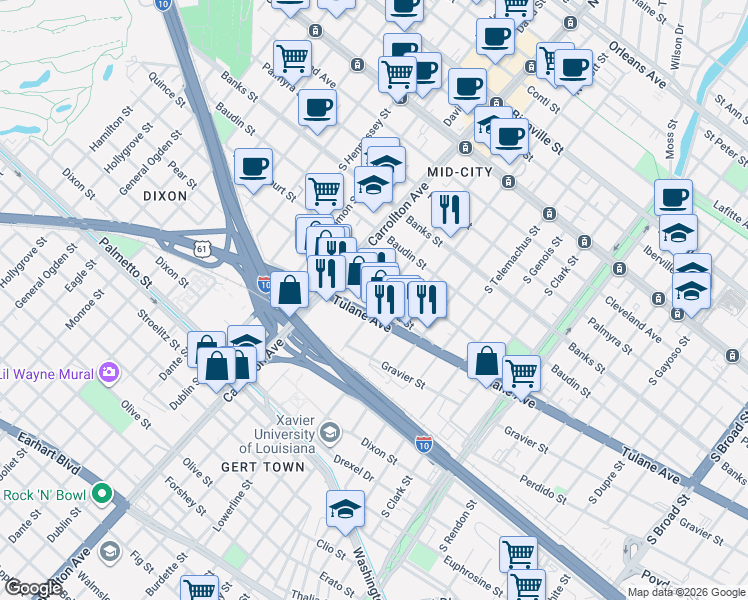 map of restaurants, bars, coffee shops, grocery stores, and more near 4025 U.S. 61 in New Orleans