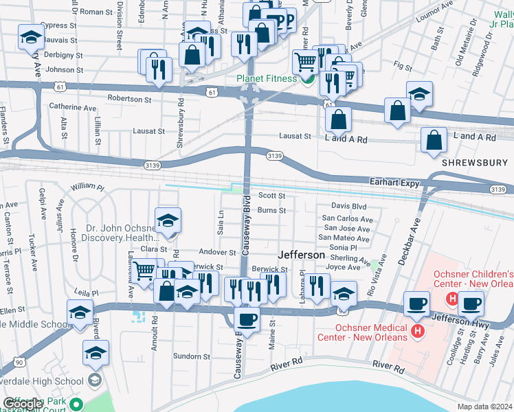 map of restaurants, bars, coffee shops, grocery stores, and more near 1009 Causeway Boulevard in Jefferson
