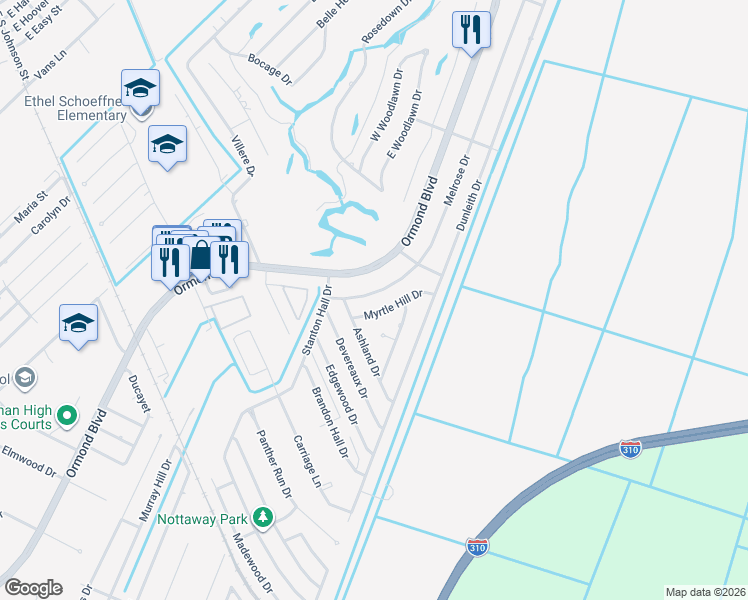 map of restaurants, bars, coffee shops, grocery stores, and more near 13 Myrtle Hill Drive in Destrehan