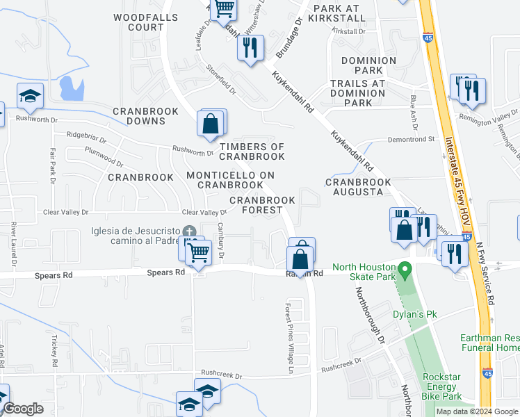 map of restaurants, bars, coffee shops, grocery stores, and more near 13875 Ella Boulevard in Houston