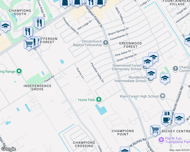 map of restaurants, bars, coffee shops, grocery stores, and more near 5907 Spanish Oak Drive in Houston