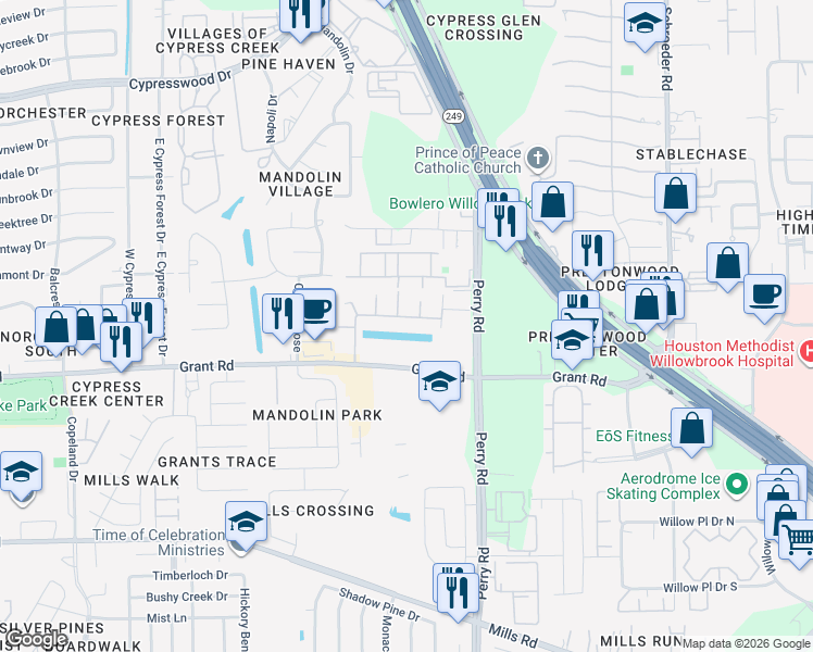 map of restaurants, bars, coffee shops, grocery stores, and more near 9923 Fairlane Oaks Drive in Houston