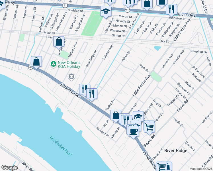 map of restaurants, bars, coffee shops, grocery stores, and more near 427 Dilton Street in River Ridge