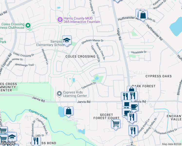 map of restaurants, bars, coffee shops, grocery stores, and more near 15442 Lakeport Crossing Drive in Cypress