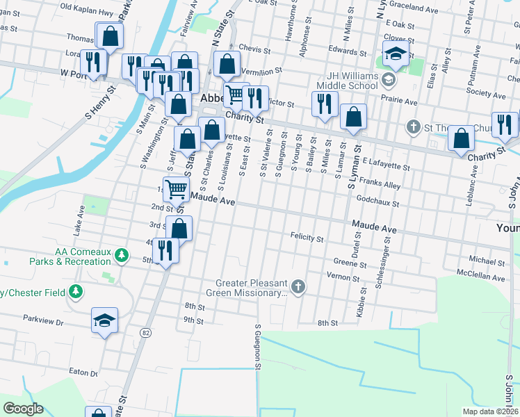 map of restaurants, bars, coffee shops, grocery stores, and more near 50 S Guegnon St in Abbeville
