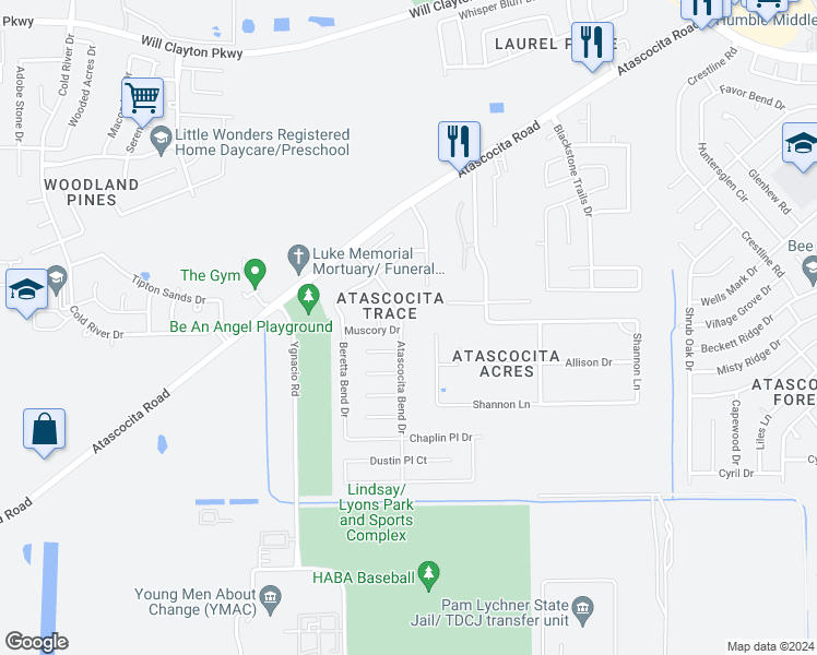 map of restaurants, bars, coffee shops, grocery stores, and more near 17202 Atascocita Bend Drive in Humble
