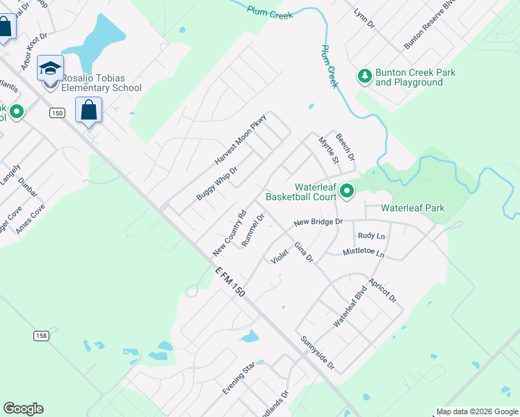 map of restaurants, bars, coffee shops, grocery stores, and more near 112 Rummel Drive in Kyle