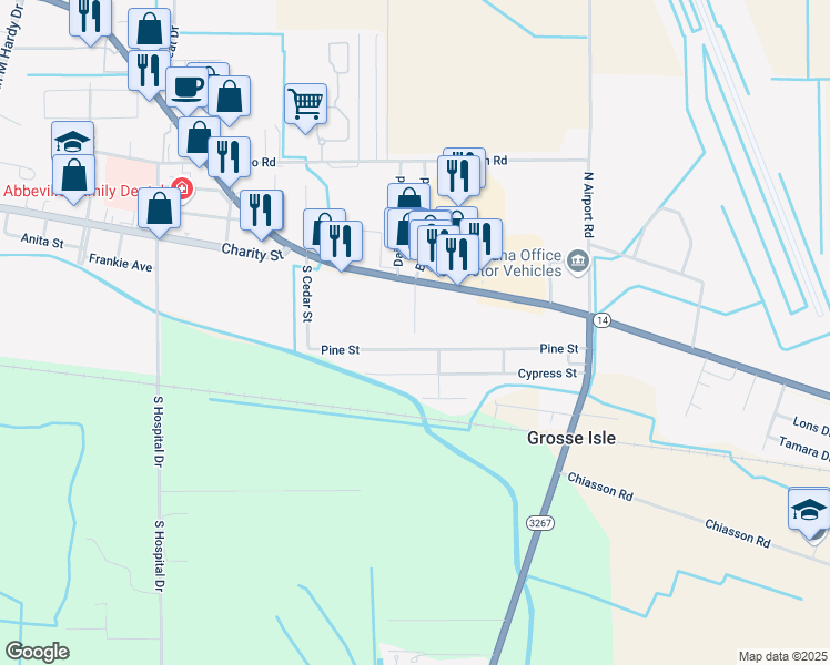 map of restaurants, bars, coffee shops, grocery stores, and more near 198 Azalea Drive in Abbeville
