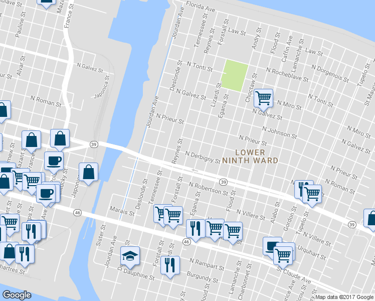 map of restaurants, bars, coffee shops, grocery stores, and more near 1708 Forstall Street in New Orleans