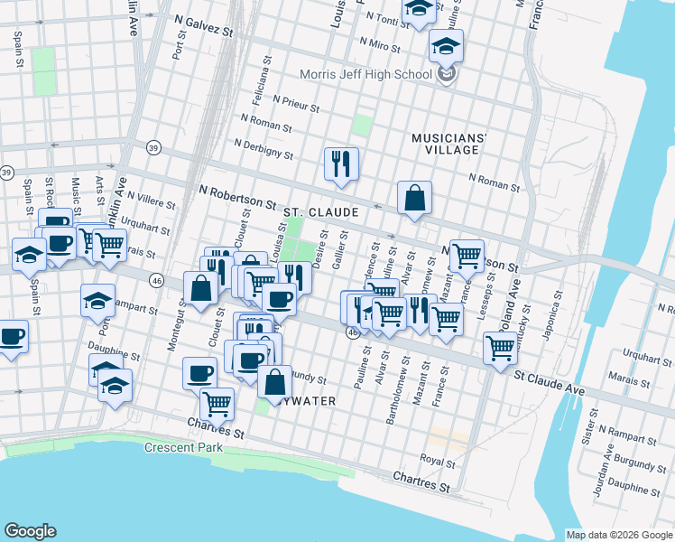 map of restaurants, bars, coffee shops, grocery stores, and more near 3425 Urquhart Street in New Orleans