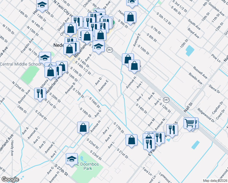 map of restaurants, bars, coffee shops, grocery stores, and more near 811 1/2 North 14th Street in Nederland