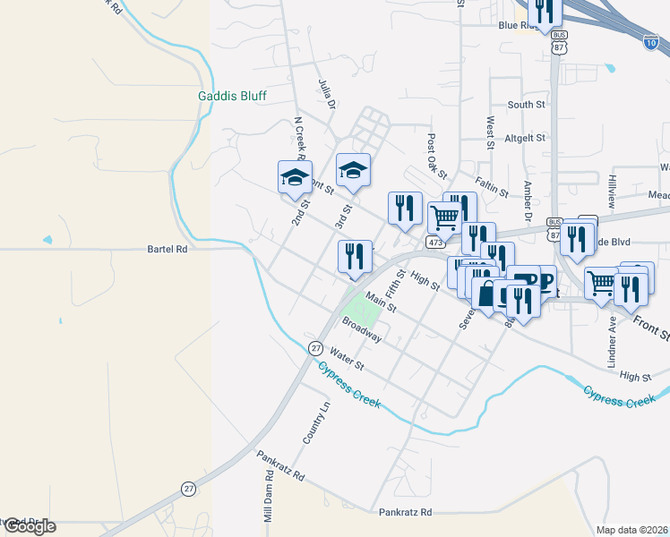 map of restaurants, bars, coffee shops, grocery stores, and more near 328 Main Street in Comfort