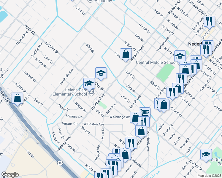 map of restaurants, bars, coffee shops, grocery stores, and more near 2615 Helena Avenue in Nederland
