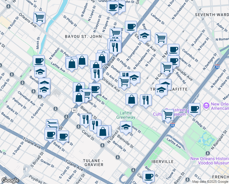 map of restaurants, bars, coffee shops, grocery stores, and more near 2512 Saint Peter Street in New Orleans