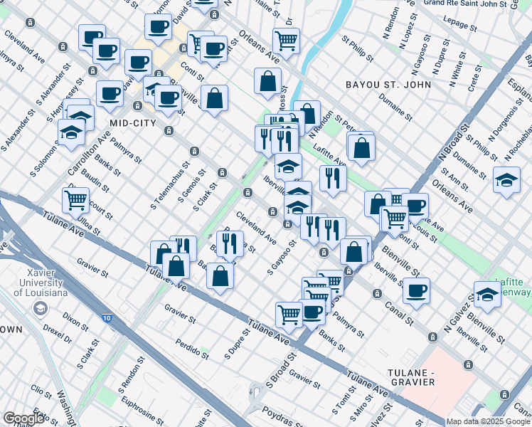 map of restaurants, bars, coffee shops, grocery stores, and more near 3222 Canal Street in New Orleans