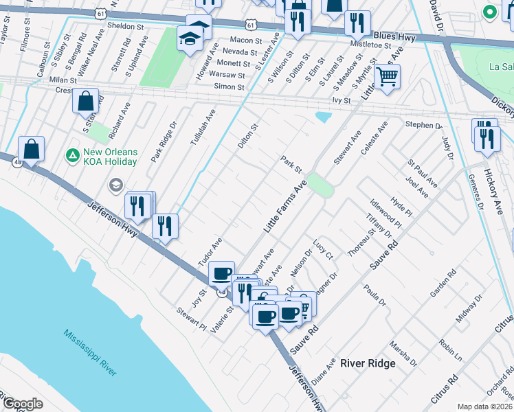 map of restaurants, bars, coffee shops, grocery stores, and more near 10404 Alan Street in River Ridge